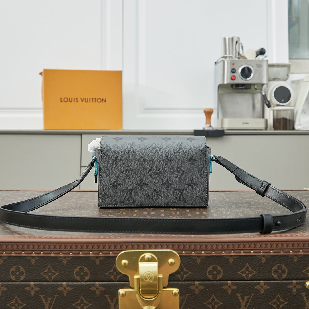STEAMER 18 PO MONOGRAMME GUN METAL TOILE ECLIPSE MÉLANGE CUIR DE VEAU TURQUOISE