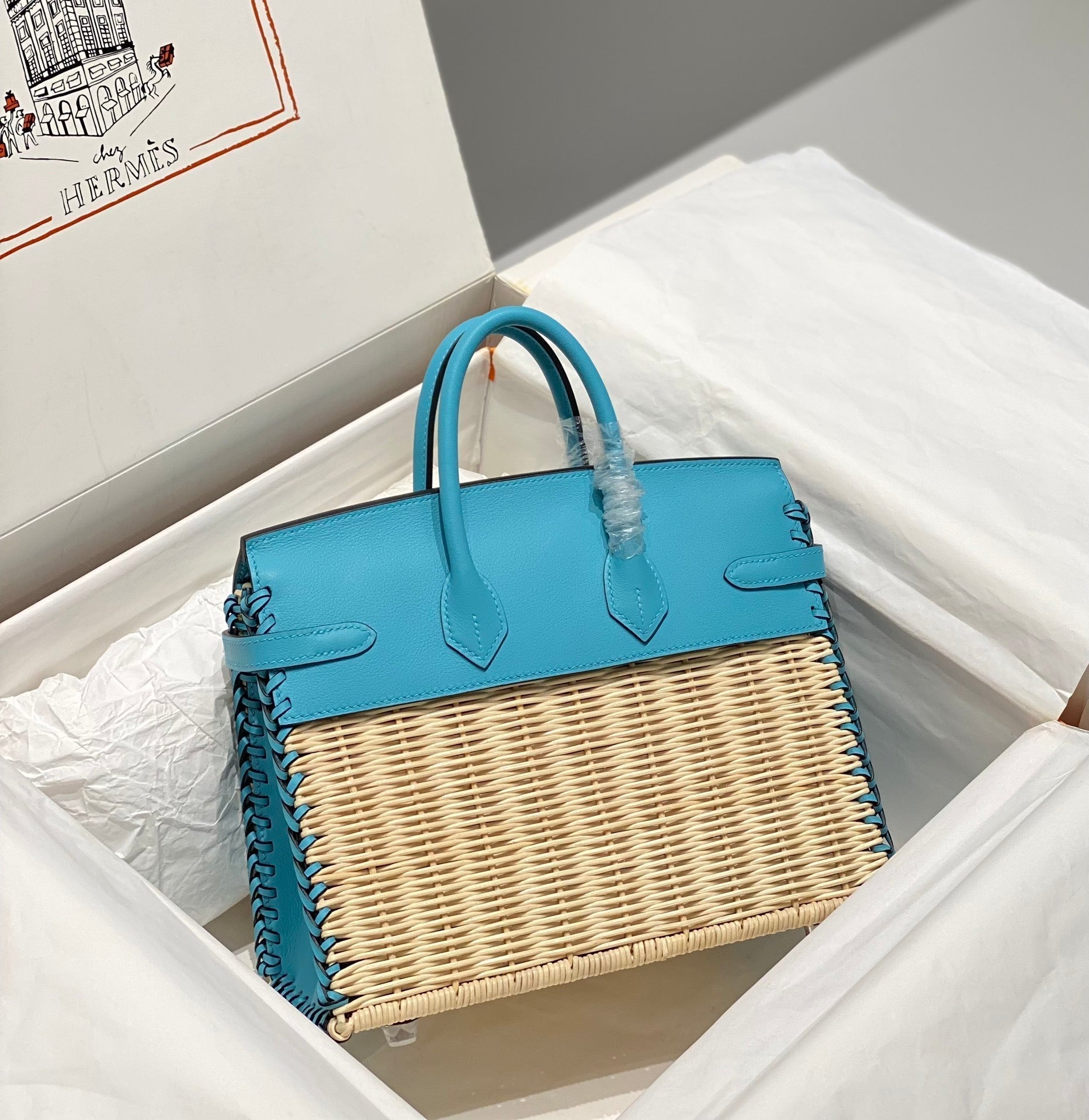 HM BIRKIN 25 CM PICNIC SKY BAMBOU ET ROTIN