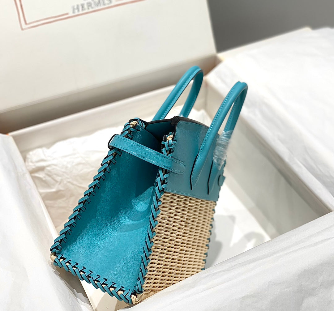 HM BIRKIN 25 CM PICNIC SKY BAMBOU ET ROTIN