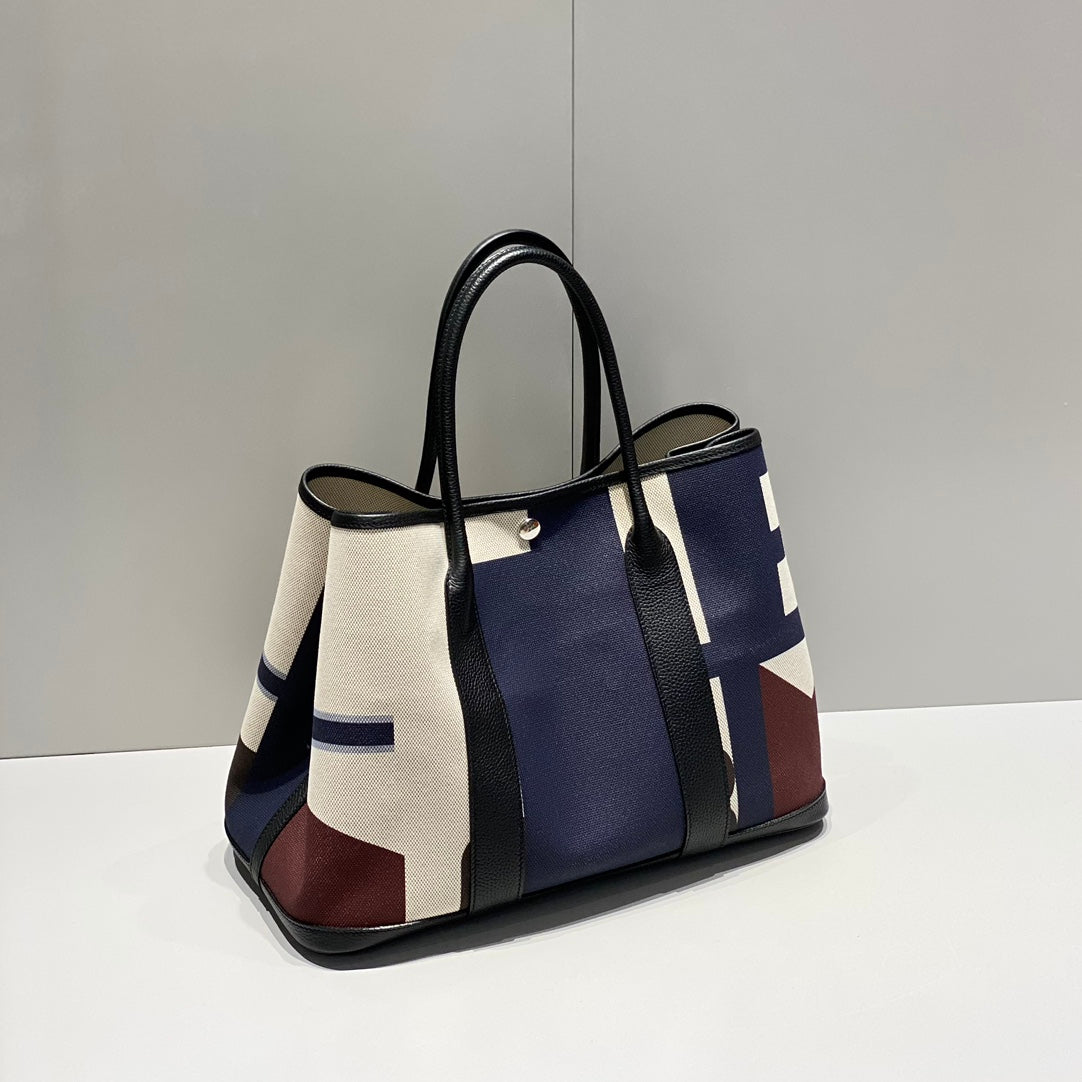 HM GARDEN PARTY 36 TOILE BLEU INDIGO ET CUIR DE VEAU NEGONDA ​​243412