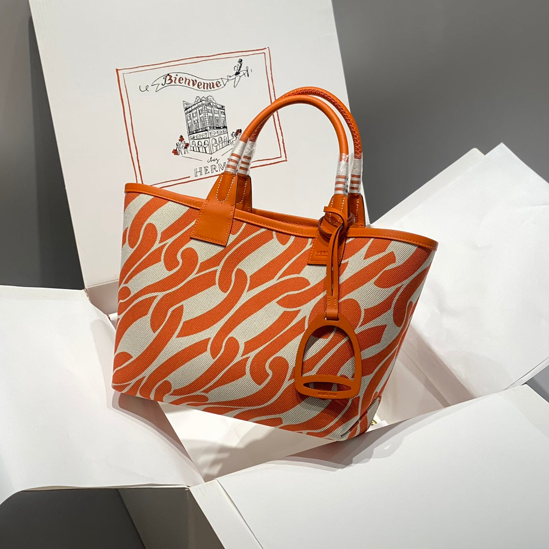 SAC HM STEEPLE 28 CUIR DE VEAU ORANGE TOILE BLANCHE ORANGE