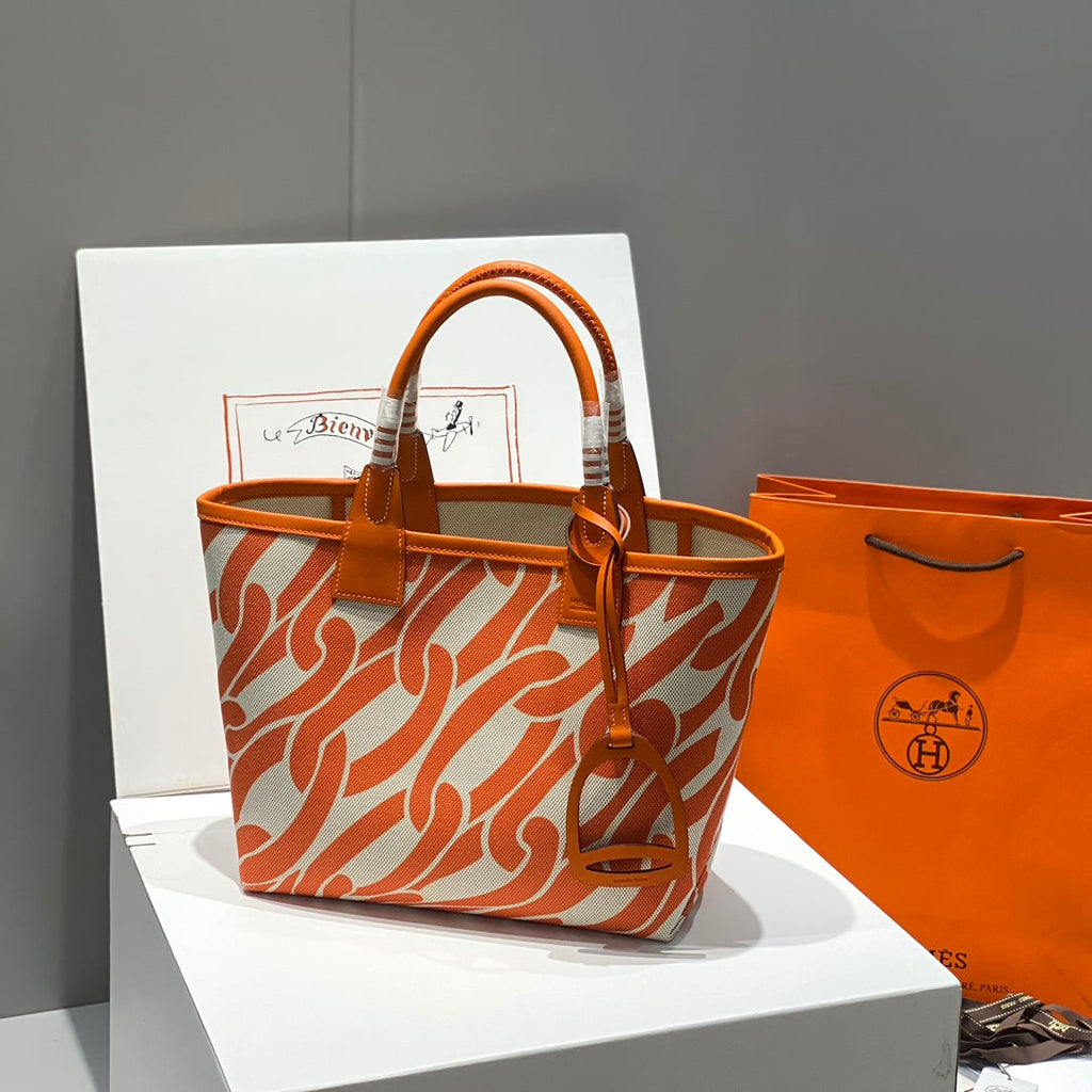 SAC HM STEEPLE 28 CUIR DE VEAU ORANGE TOILE BLANCHE ORANGE