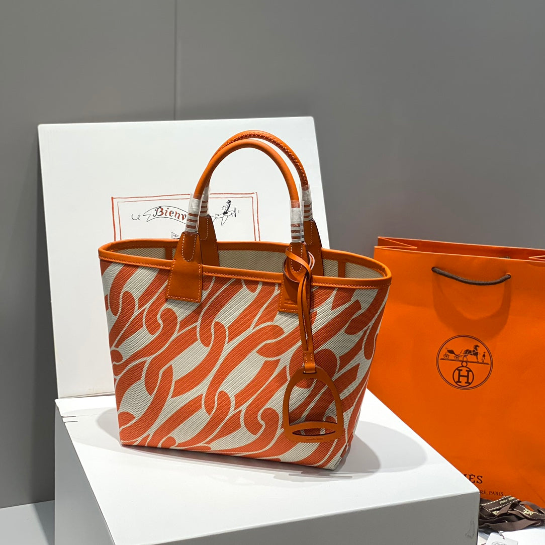 SAC HM STEEPLE 28 CUIR DE VEAU ORANGE TOILE BLANCHE ORANGE