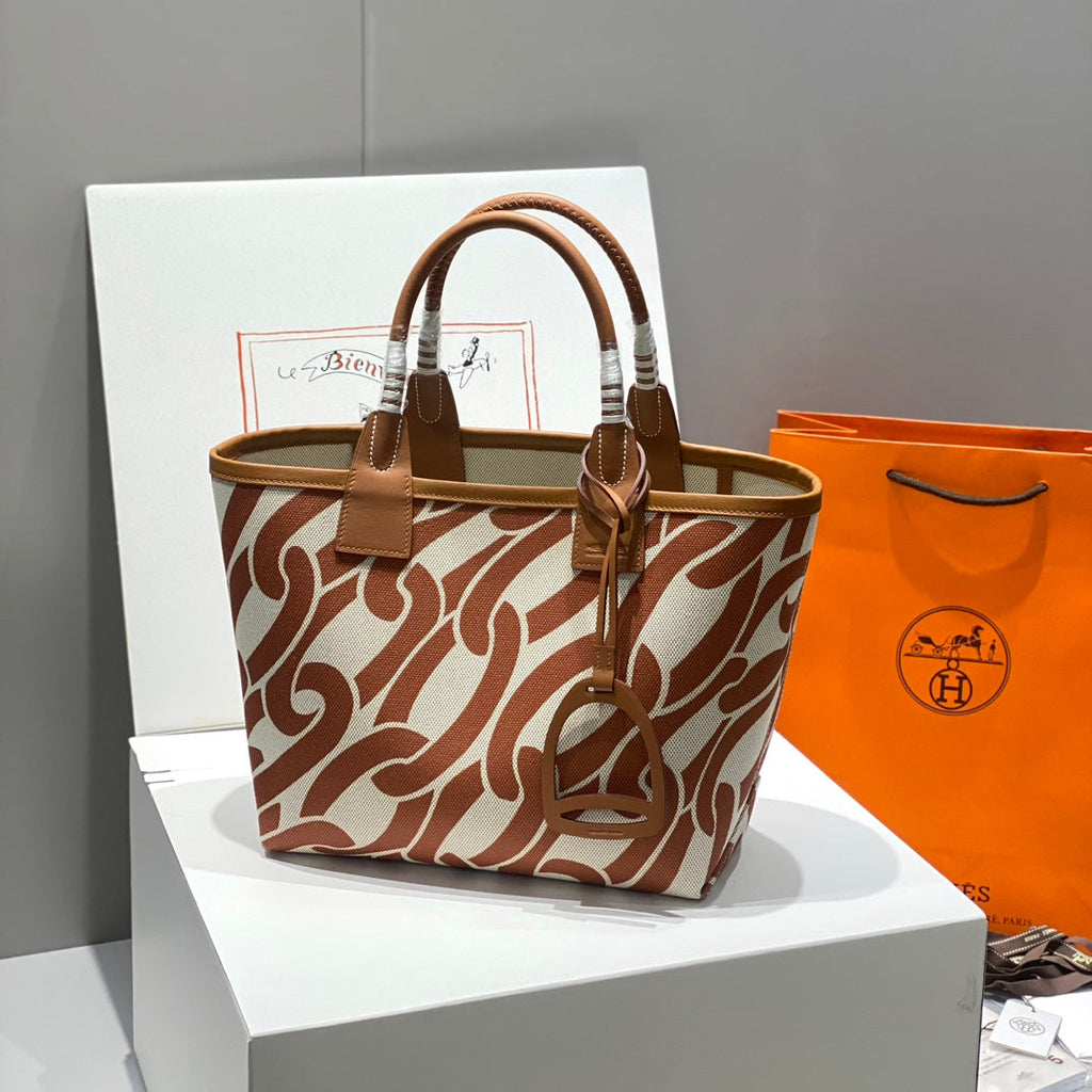 SAC HM STEEPLE 28 CUIR DE VEAU MARRON TOILE MARRON BLANC