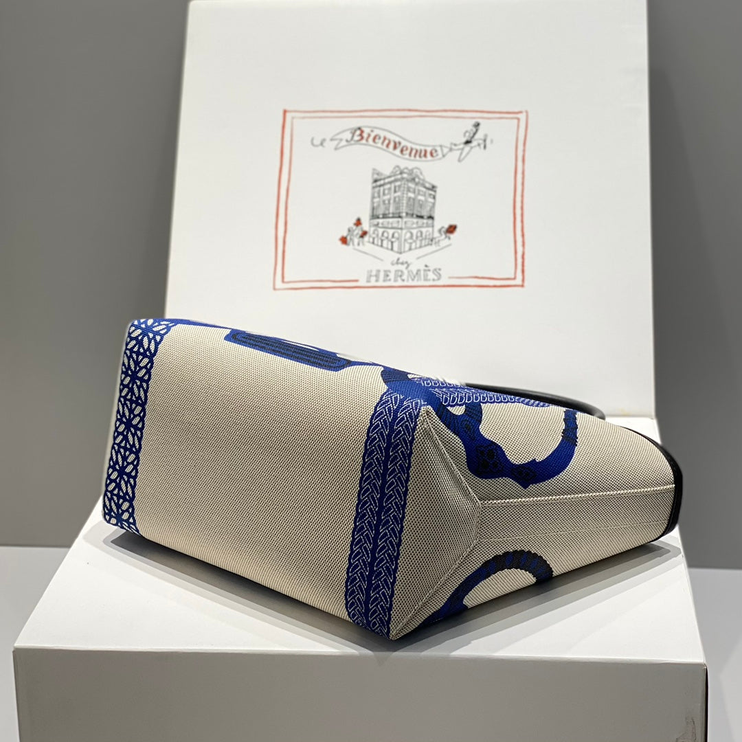 SAC HM STEEPLE 28 CUIR DE VEAU NOIR TOILE BLANC BLEU
