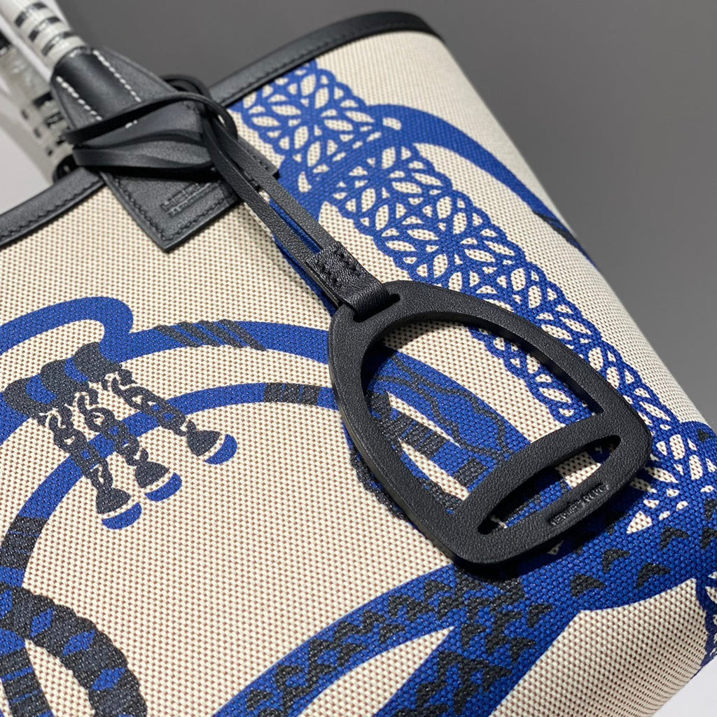 SAC HM STEEPLE 28 CUIR DE VEAU NOIR TOILE BLANC BLEU
