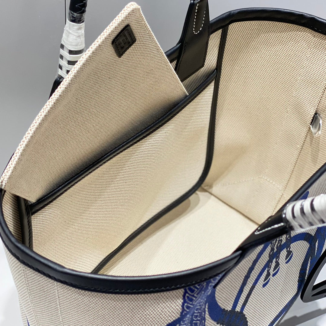 SAC HM STEEPLE 28 CUIR DE VEAU NOIR TOILE BLANC BLEU
