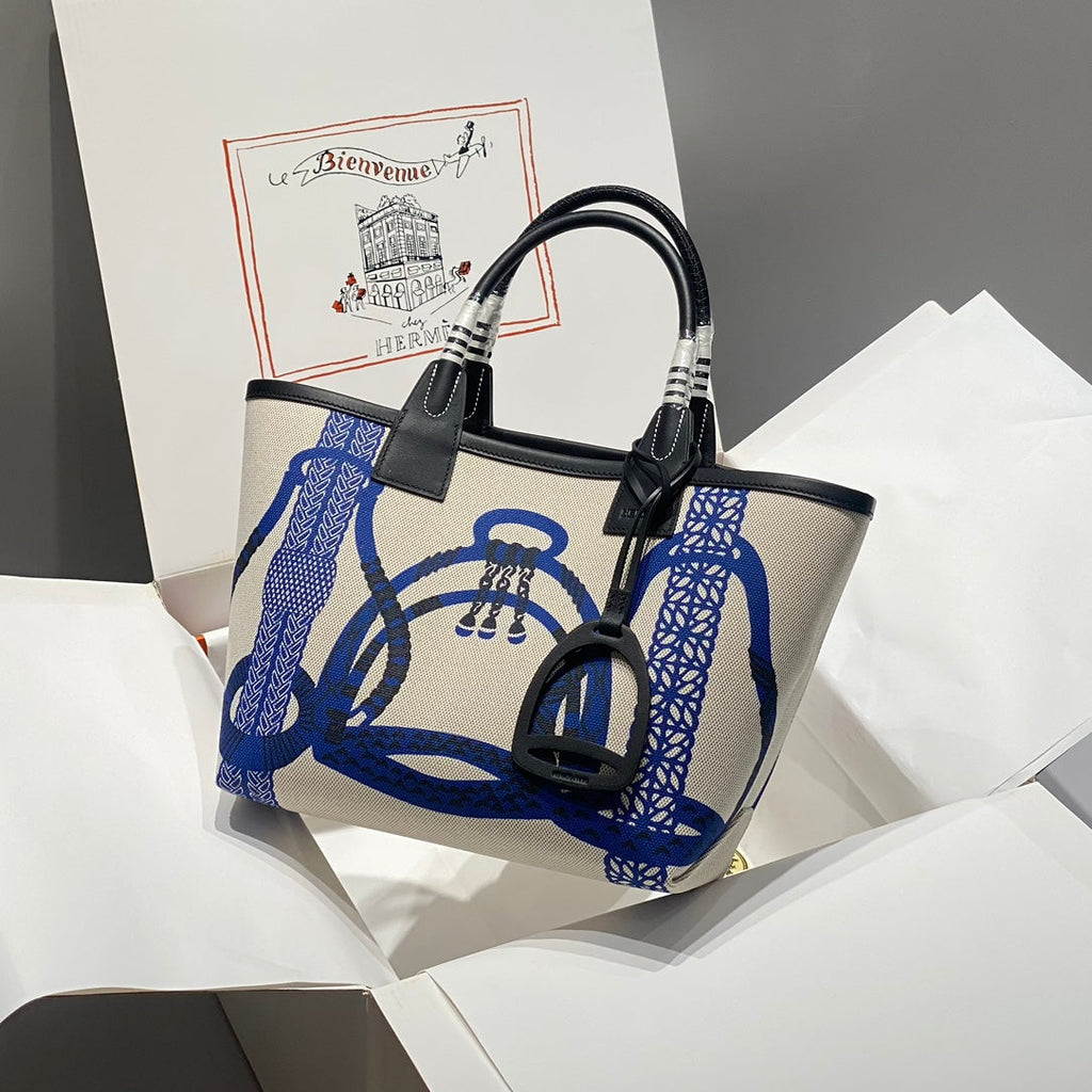 SAC HM STEEPLE 28 CUIR DE VEAU NOIR TOILE BLANC BLEU