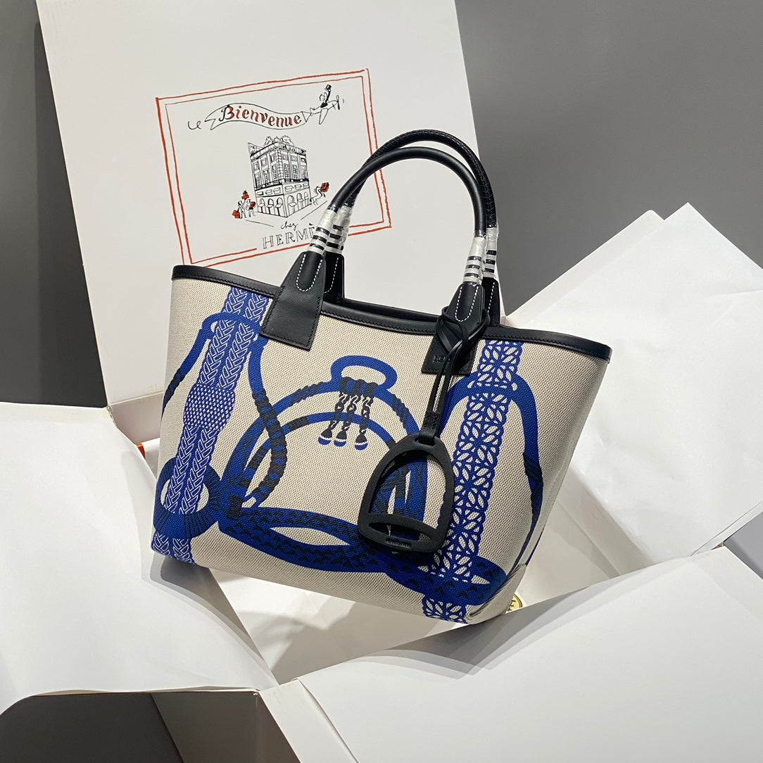 SAC HM STEEPLE 28 CUIR DE VEAU NOIR TOILE BLANC BLEU
