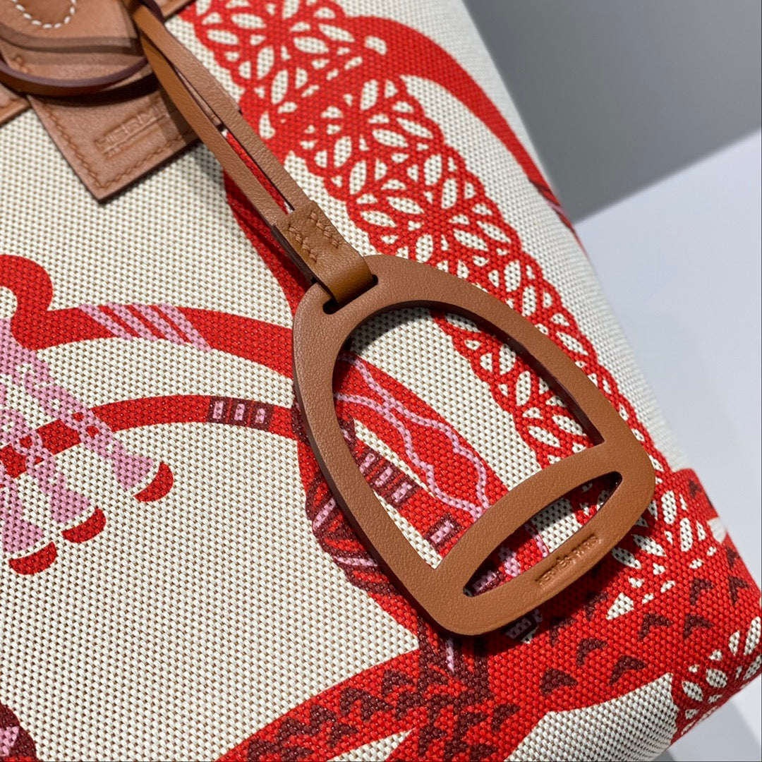 HM STEEPLE 28 BAG BROWN CALFSKIN WHITE RED CANVAS