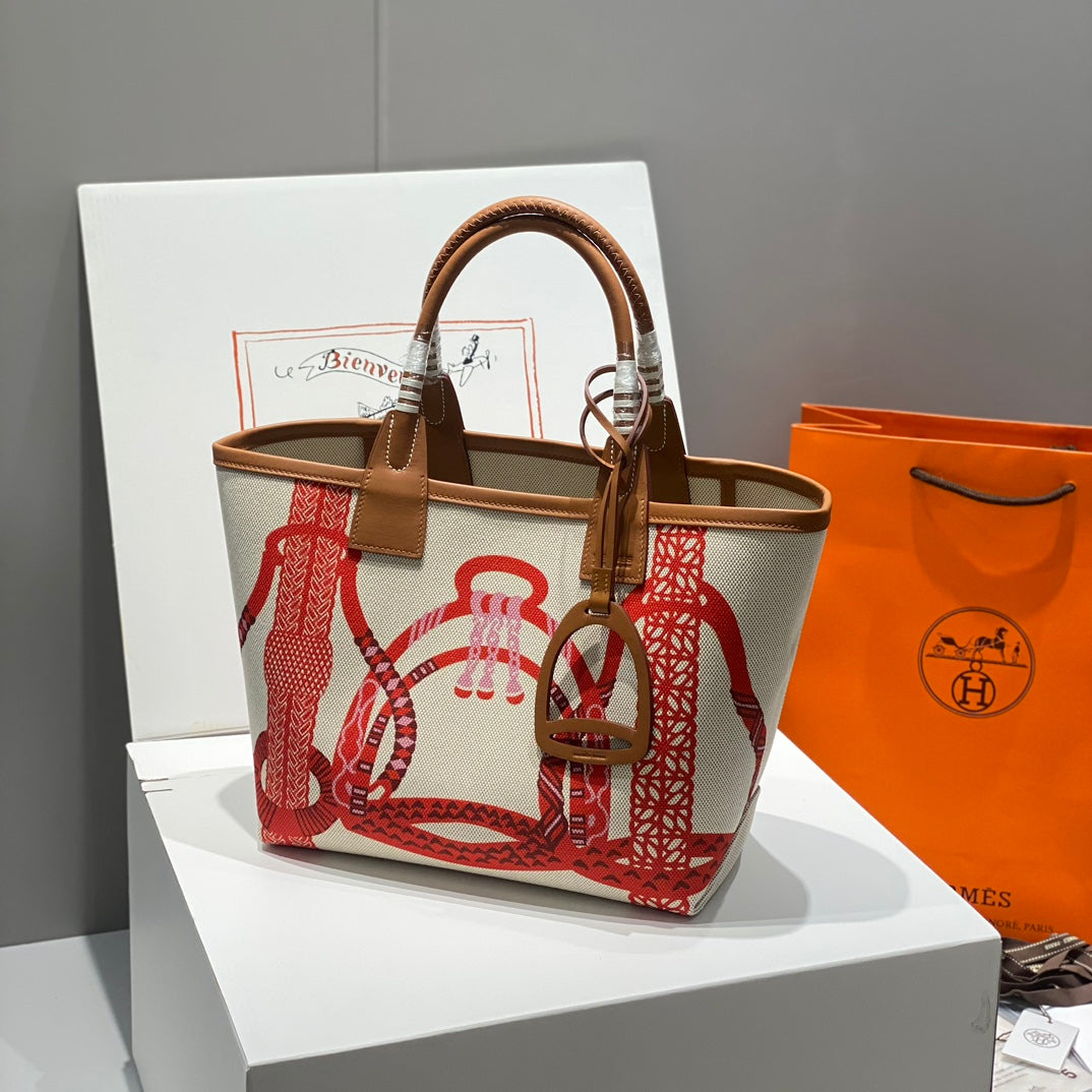SAC HM STEEPLE 28 CUIR DE VEAU MARRON TOILE BLANCHE ROUGE