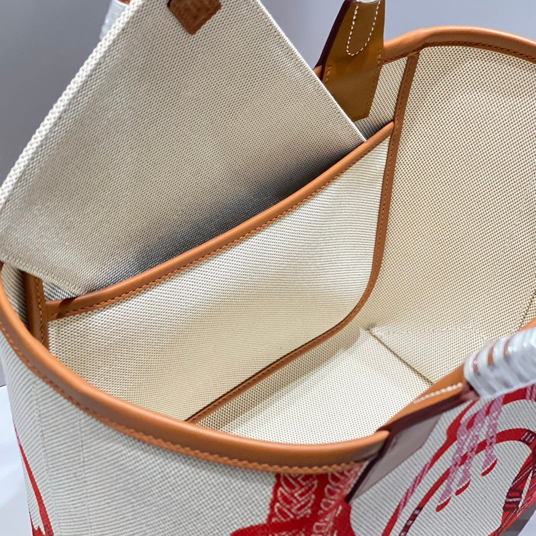 HM STEEPLE 28 BAG BROWN CALFSKIN WHITE RED CANVAS