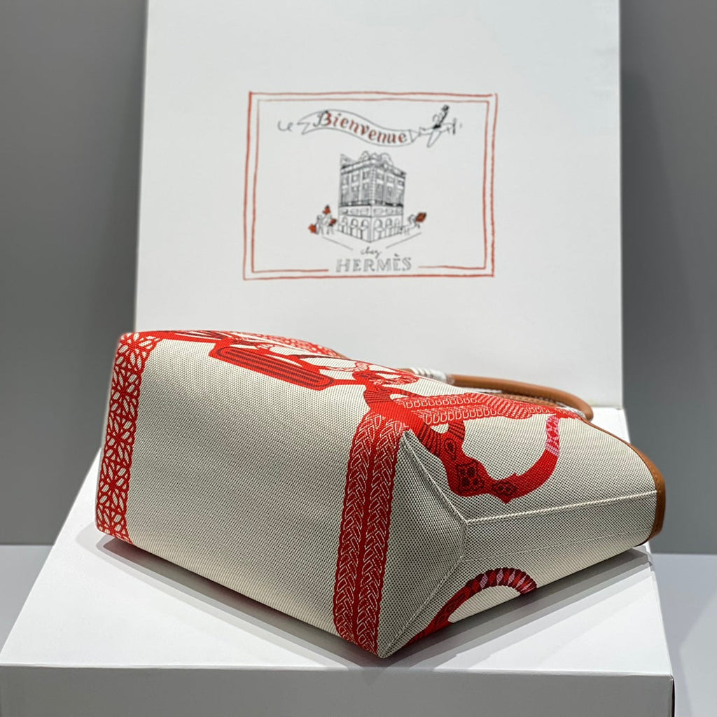 HM STEEPLE 28 BAG BROWN CALFSKIN WHITE RED CANVAS