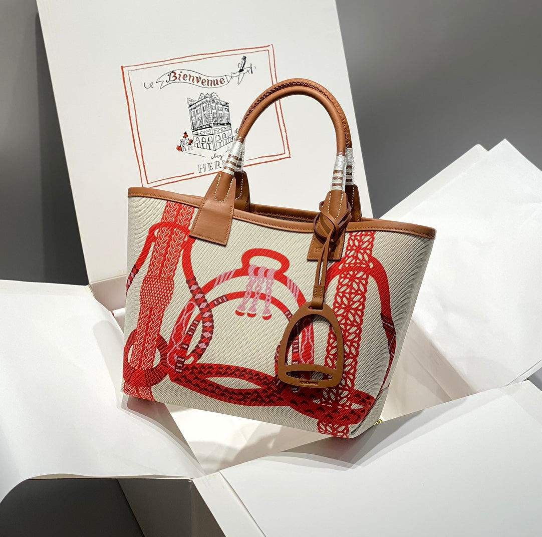 SAC HM STEEPLE 28 CUIR DE VEAU MARRON TOILE BLANCHE ROUGE