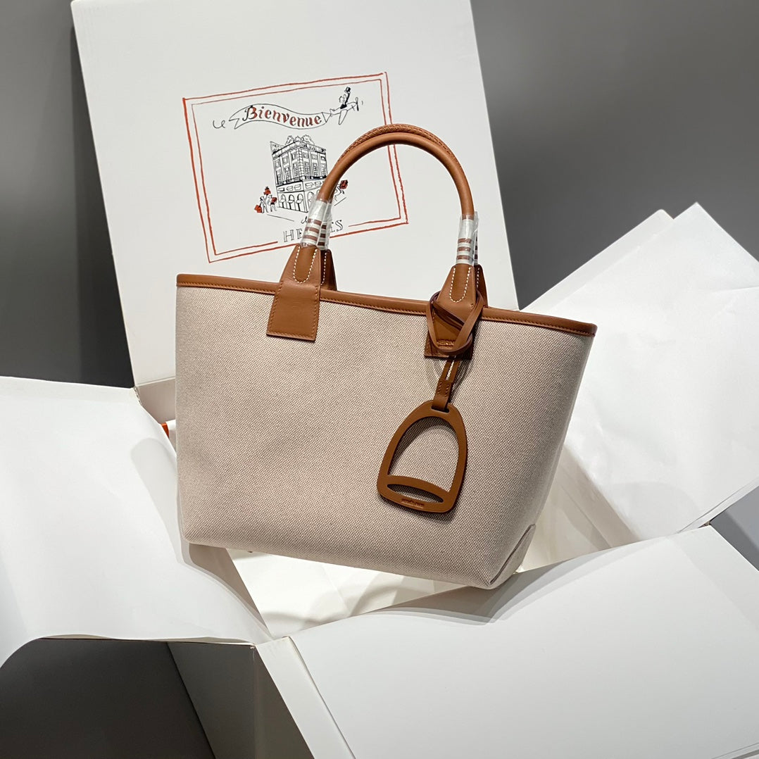 SAC HM STEEPLE 28 CUIR DE VEAU MARRON TOILE BLANCHE
