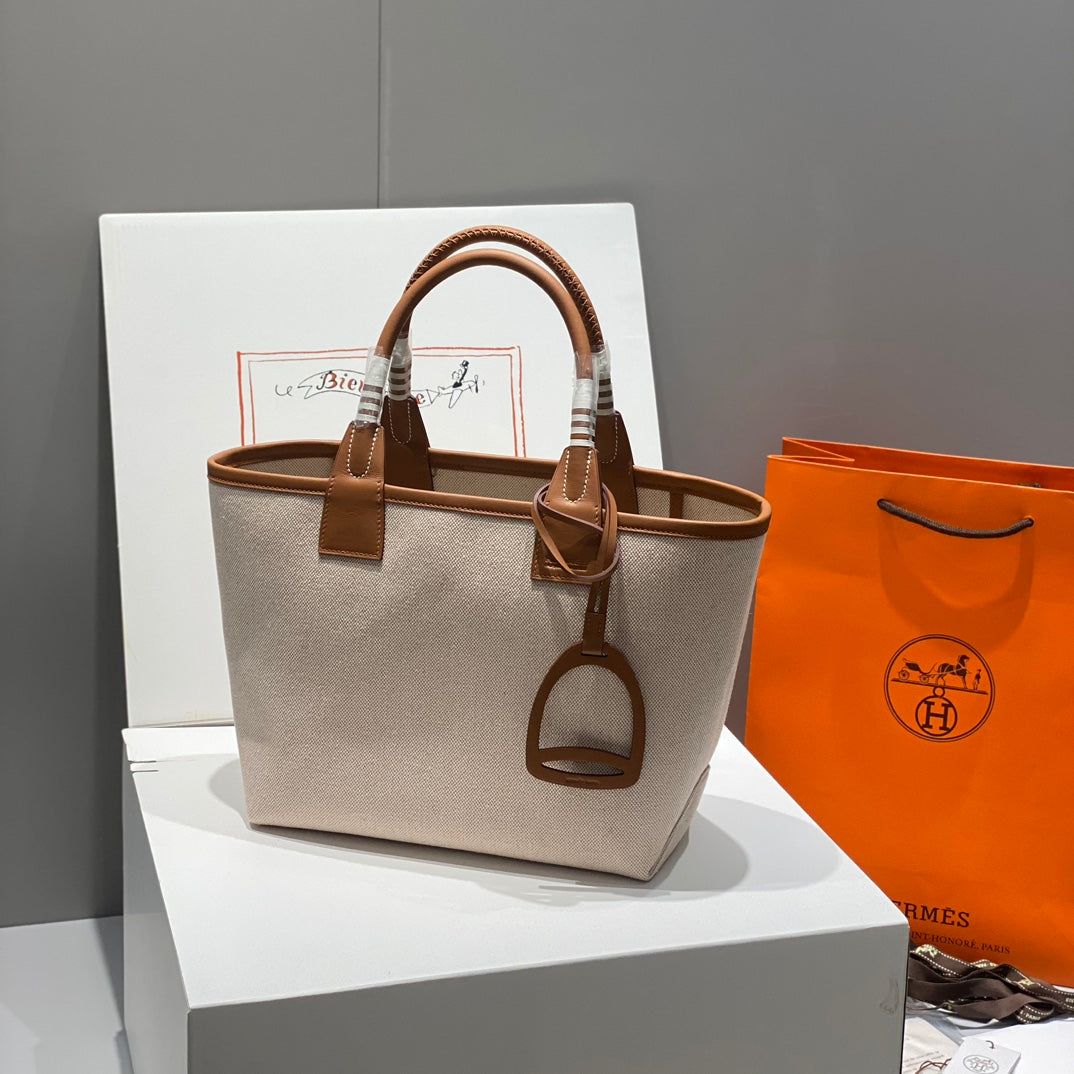 SAC HM STEEPLE 28 CUIR DE VEAU MARRON TOILE BLANCHE