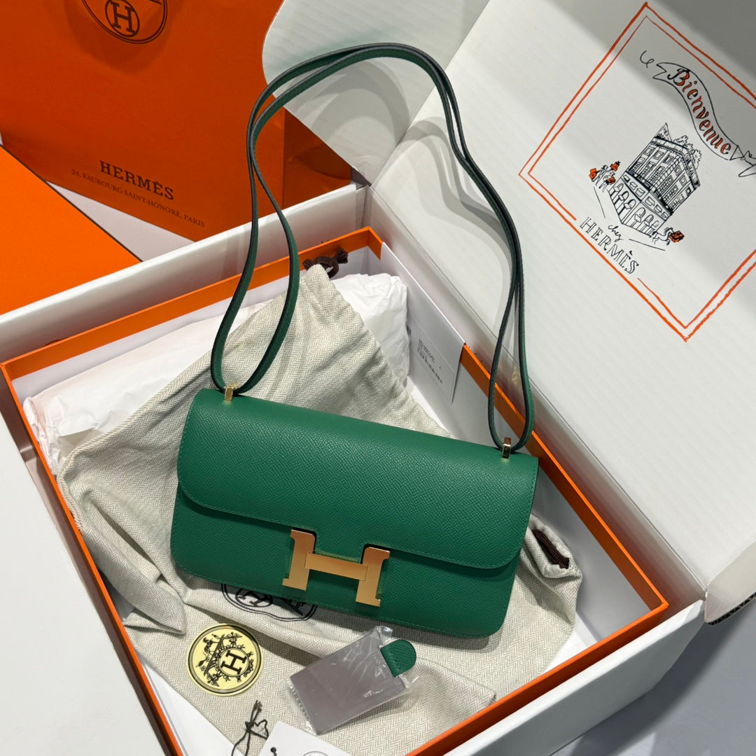 SAC HM CONSTANCE ELAN 24 CM CUIR EPSOM VERT FONCÉ QUINCAILLERIE DORÉ