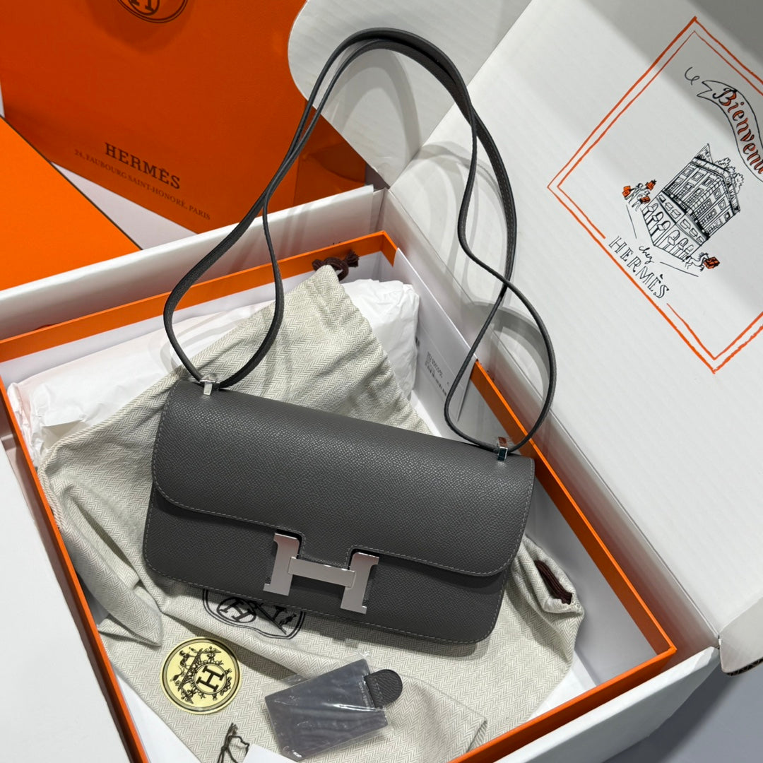SAC HM CONSTANCE ELAN 24 CM CUIR EPSOM GRIS FONCÉ QUINCAILLERIE ARGENTÉE