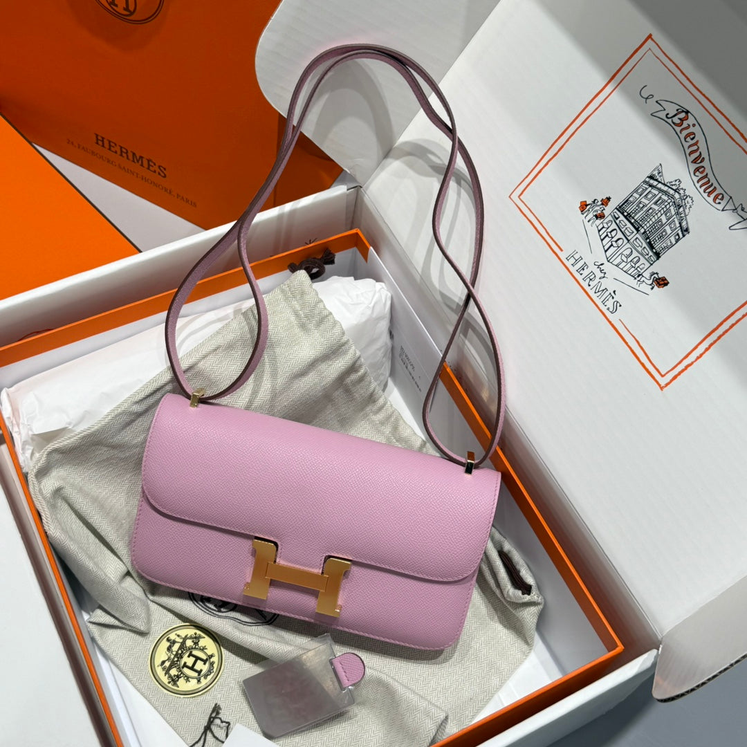 SAC HM CONSTANCE ELAN 24 CM EN CUIR EPSOM ROSE CLAIR ET QUINCAILLERIE DORÉ