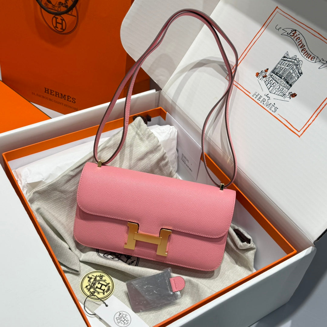 SAC HM CONSTANCE ELAN 24 CM EN CUIR EPSOM ROSE ET QUINCAILLERIE DORÉE