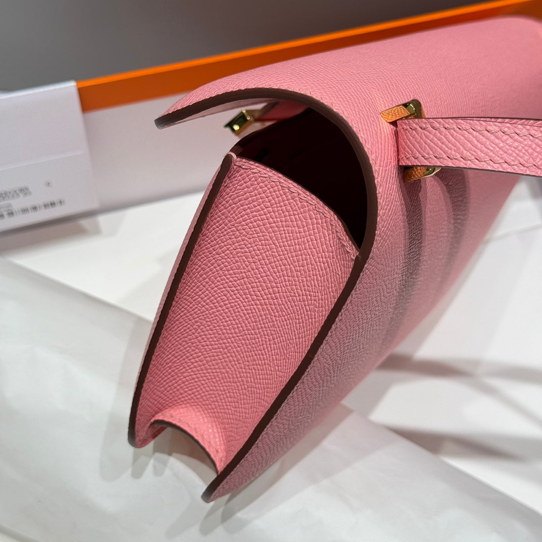 SAC HM CONSTANCE ELAN 24 CM EN CUIR EPSOM ROSE ET QUINCAILLERIE DORÉE