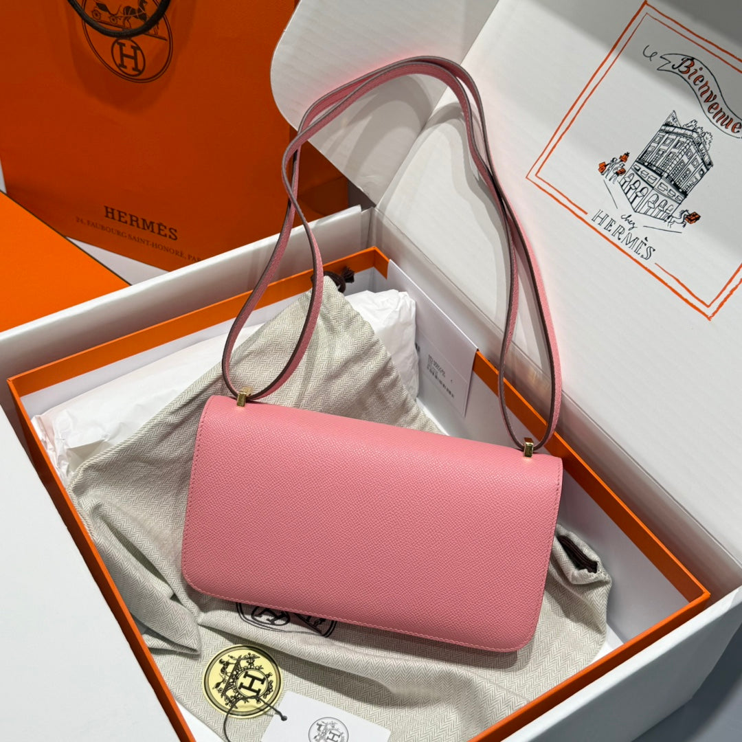 SAC HM CONSTANCE ELAN 24 CM EN CUIR EPSOM ROSE ET QUINCAILLERIE DORÉE