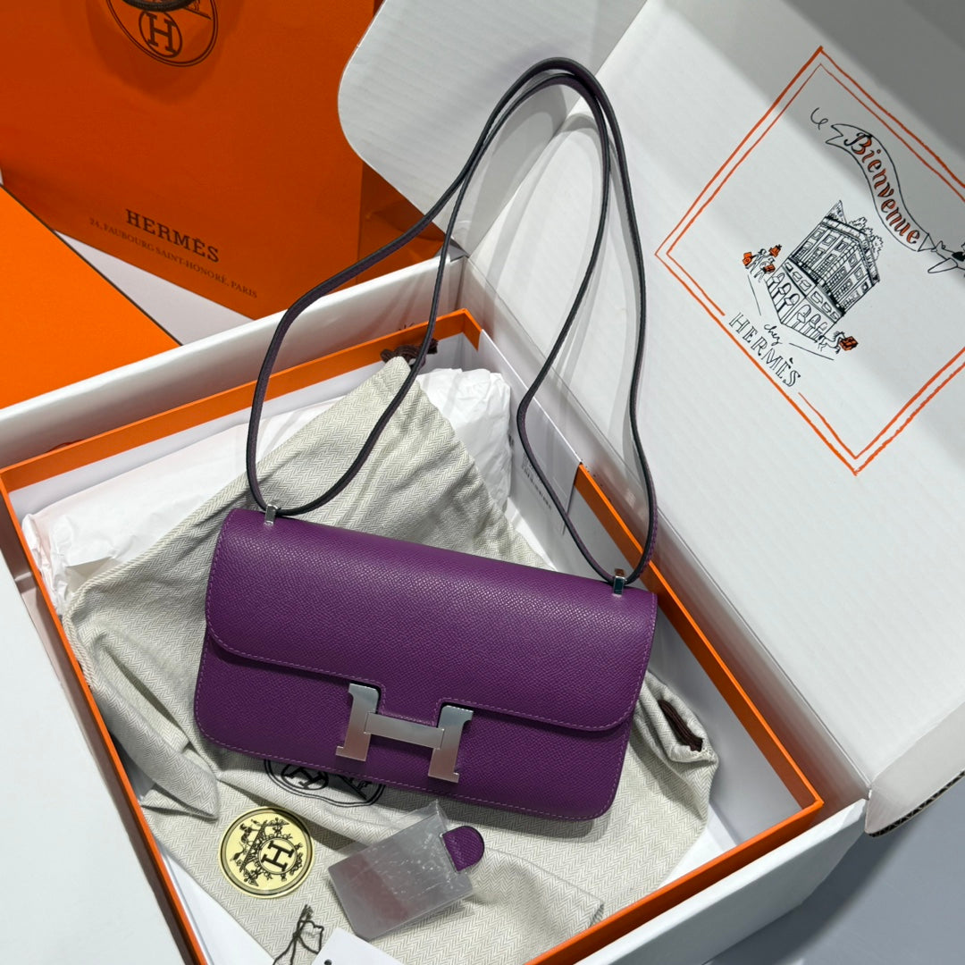 SAC HM CONSTANCE ELAN 24 CM CUIR EPSOM VIOLET QUINCAILLERIE ARGENTÉE