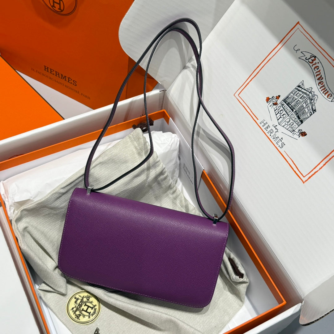 SAC HM CONSTANCE ELAN 24 CM CUIR EPSOM VIOLET QUINCAILLERIE ARGENTÉE