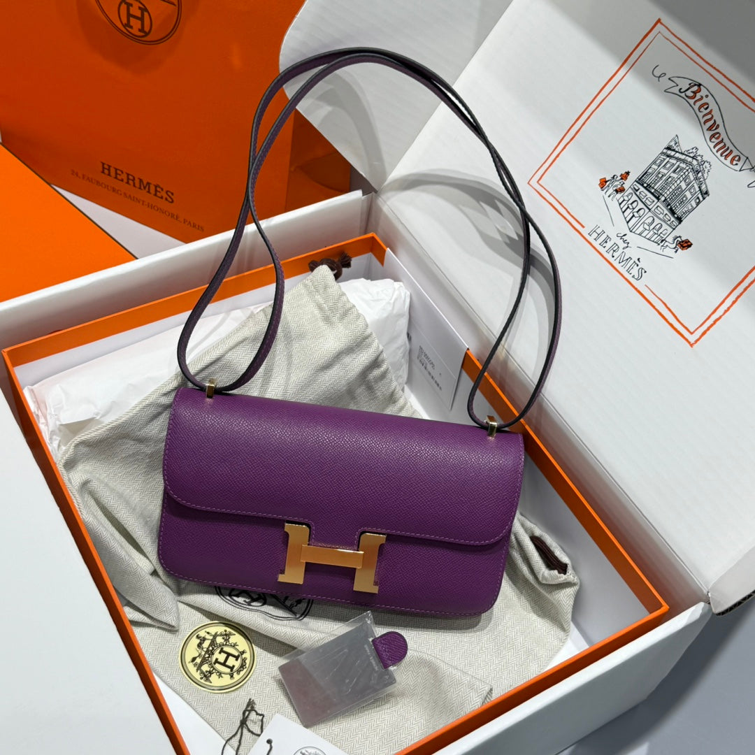 SAC HM CONSTANCE ELAN 24 CM CUIR EPSOM VIOLET QUINCAILLERIE DORÉ