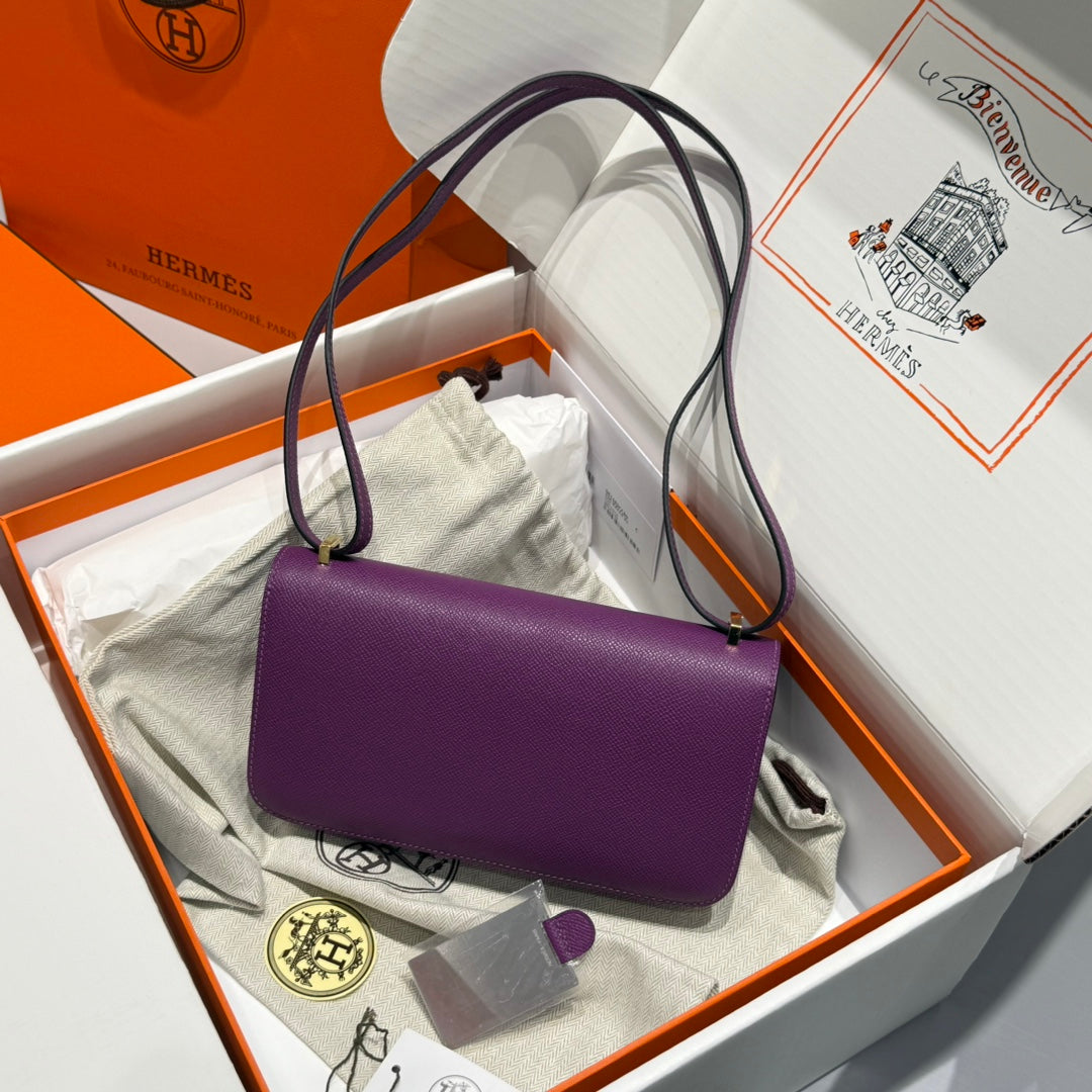 SAC HM CONSTANCE ELAN 24 CM CUIR EPSOM VIOLET QUINCAILLERIE DORÉ