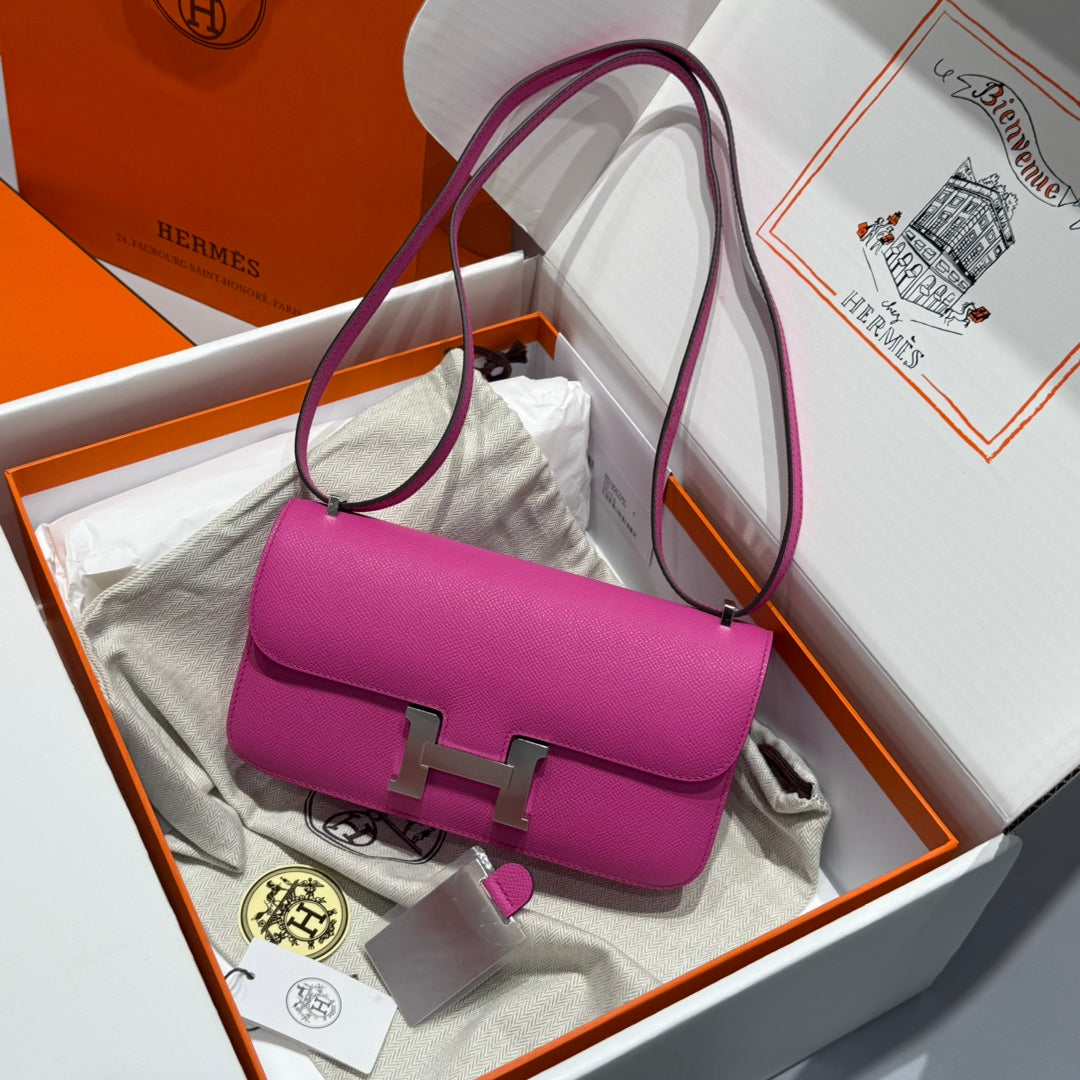 SAC HM CONSTANCE ELAN 24 CM ROSE TYRIEN CUIR EPSOM QUINCAILLERIE ARGENTÉE