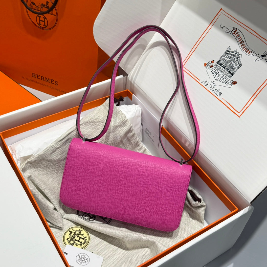 SAC HM CONSTANCE ELAN 24 CM ROSE TYRIEN CUIR EPSOM QUINCAILLERIE ARGENTÉE