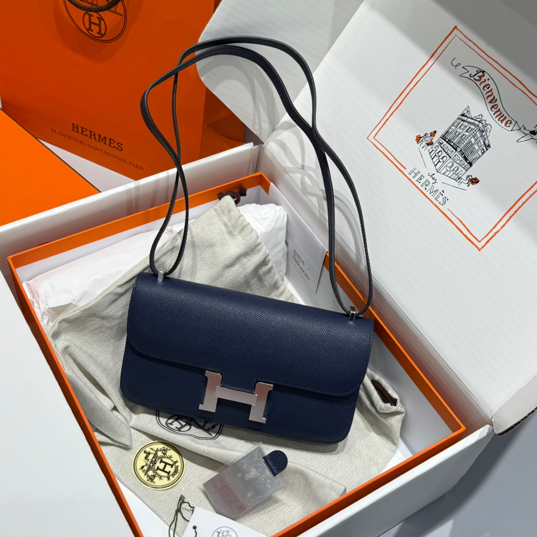 SAC HM CONSTANCE ELAN 24 CM CUIR EPSOM BLEU FONCÉ ACCESSOIRES ARGENTÉS