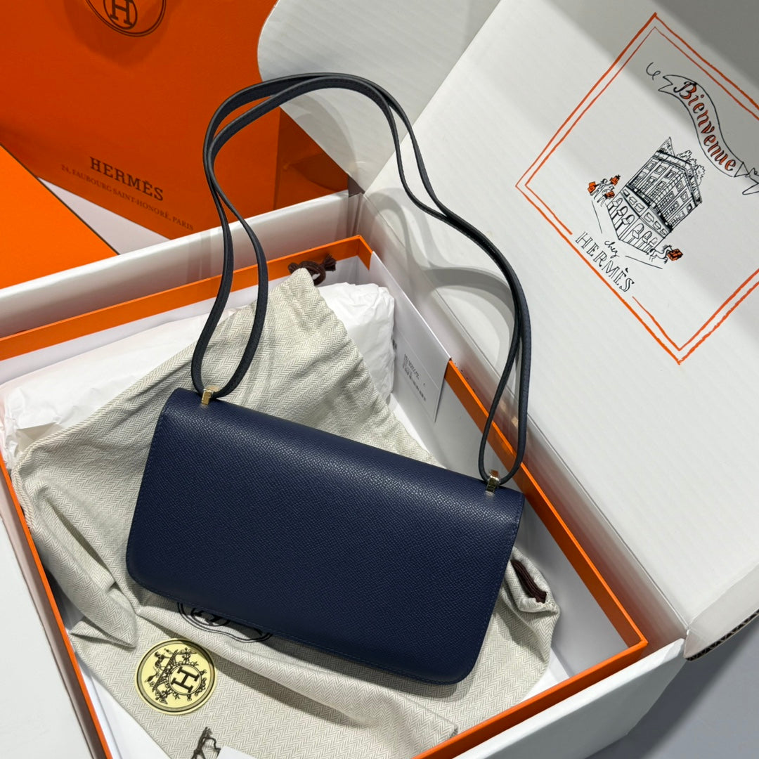 HM コンスタンス エラン 24cm バッグ ダークブルー エプソムレザー ゴールド金具