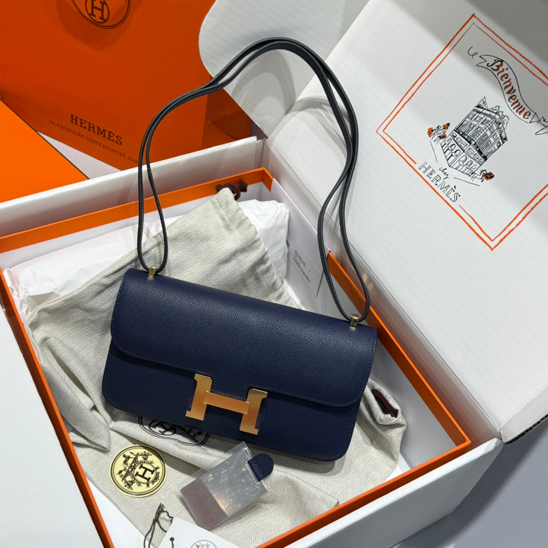 SAC HM CONSTANCE ELAN 24 CM CUIR EPSOM BLEU FONCÉ QUINCAILLERIE DORÉE