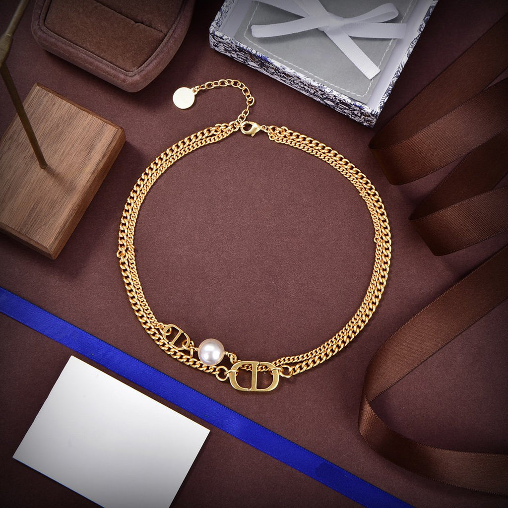 CD LOGO MOP GOLD DOUBLE CHAIN NECKLACE