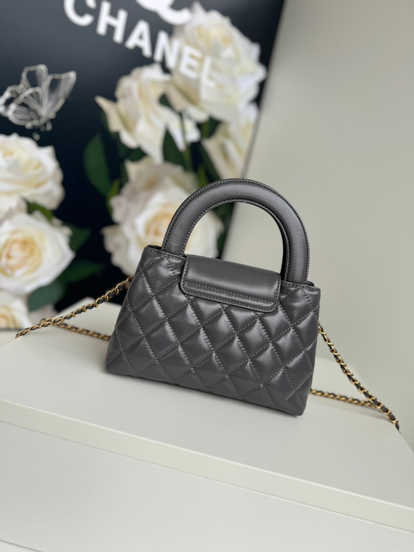 CC 24A NANO 19CM KELLY SHOPPER BAG SMOKE GRAY LAMBSKIN