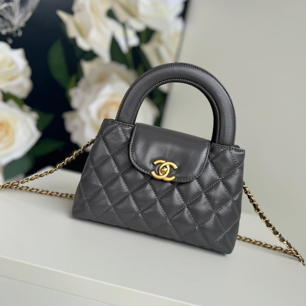 CC 24A NANO 19CM SAC CABAS KELLY EN CUIR D'AGNEAU GRIS FUMÉ