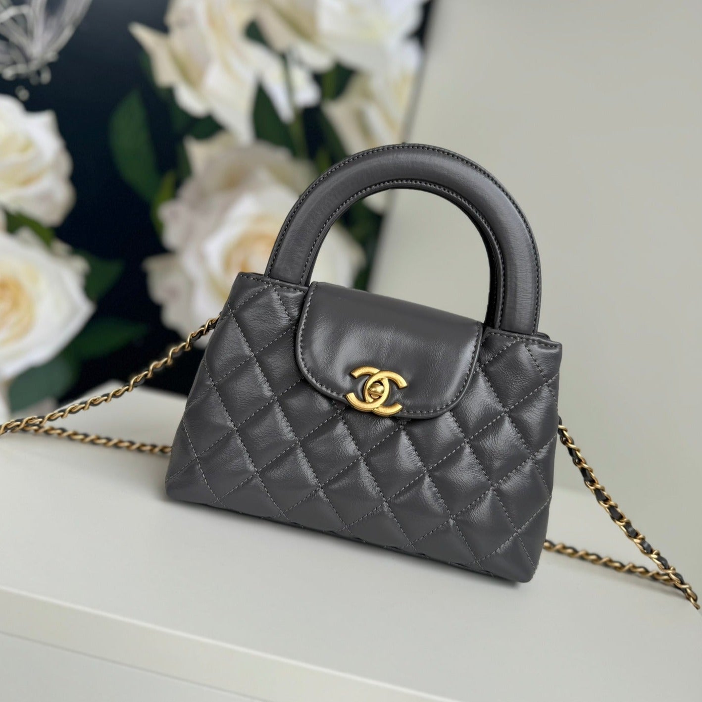 CC 24A NANO 19CM KELLY SHOPPER BAG SMOKE GRAY LAMBSKIN