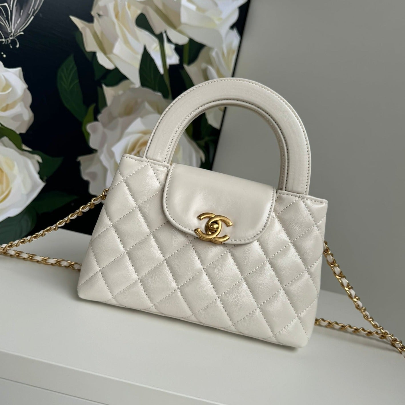 CC 24A NANO 19CM KELLY SHOPPER BAG PASTEL WHITE LAMBSKIN
