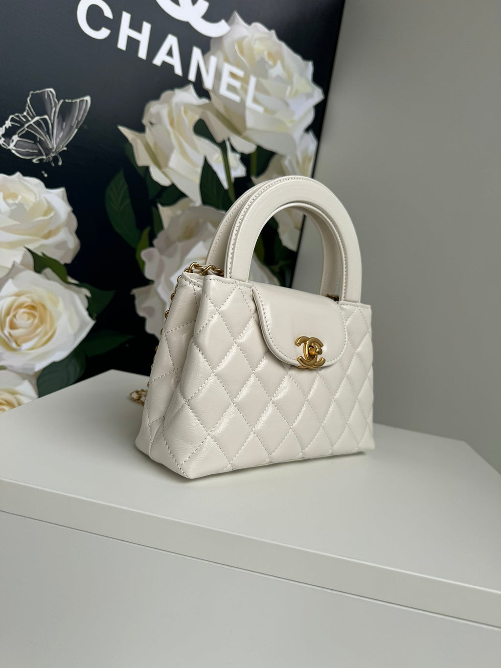 CC 24A NANO 19CM KELLY SHOPPER BAG PASTEL WHITE LAMBSKIN