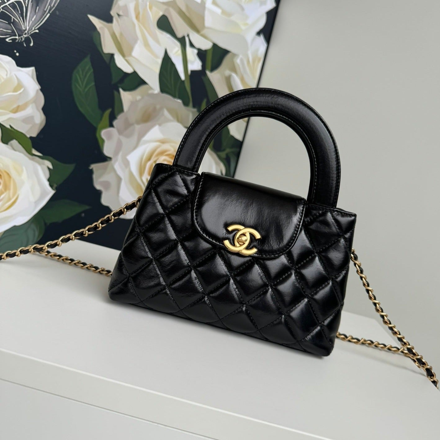 CC 24A NANO 19CM KELLY SHOPPER BAG BLACK LAMBSKIN