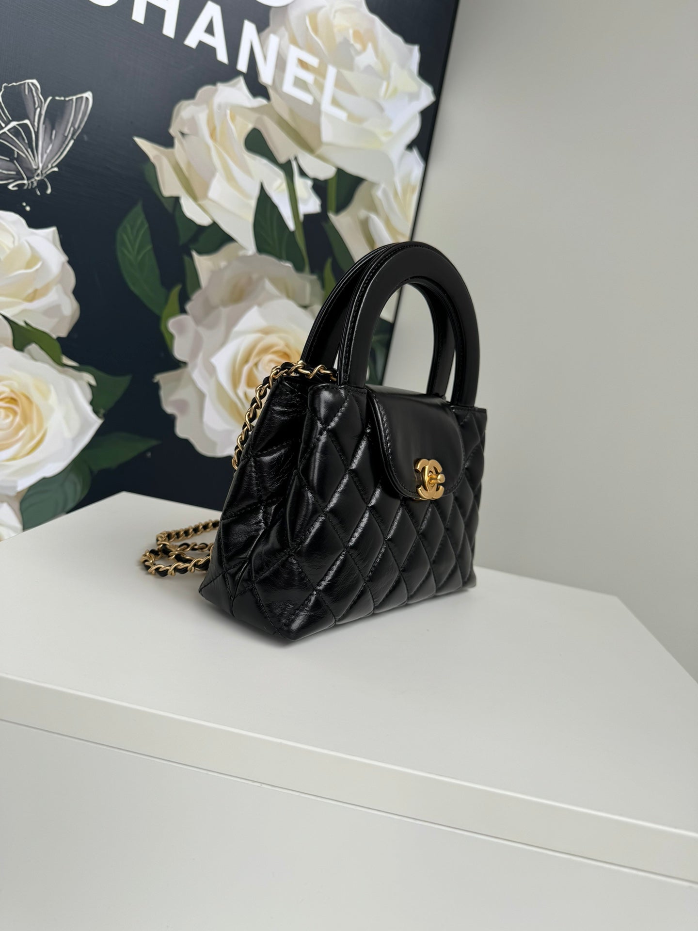 CC 24A NANO 19CM KELLY SHOPPER BAG BLACK LAMBSKIN
