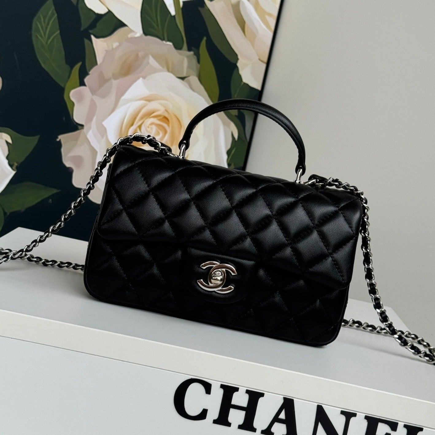24C MINI FLAP BAG 20CM WITH TOP HANDLE BLACK CALFSKIN SILVER HARDWARE