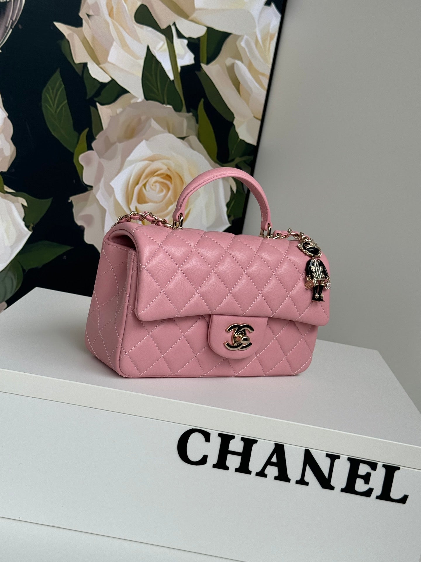 24C MINI FLAP BAG 20CM WITH TOP HANDLE PINK CALFSKIN SILVER HARDWARE