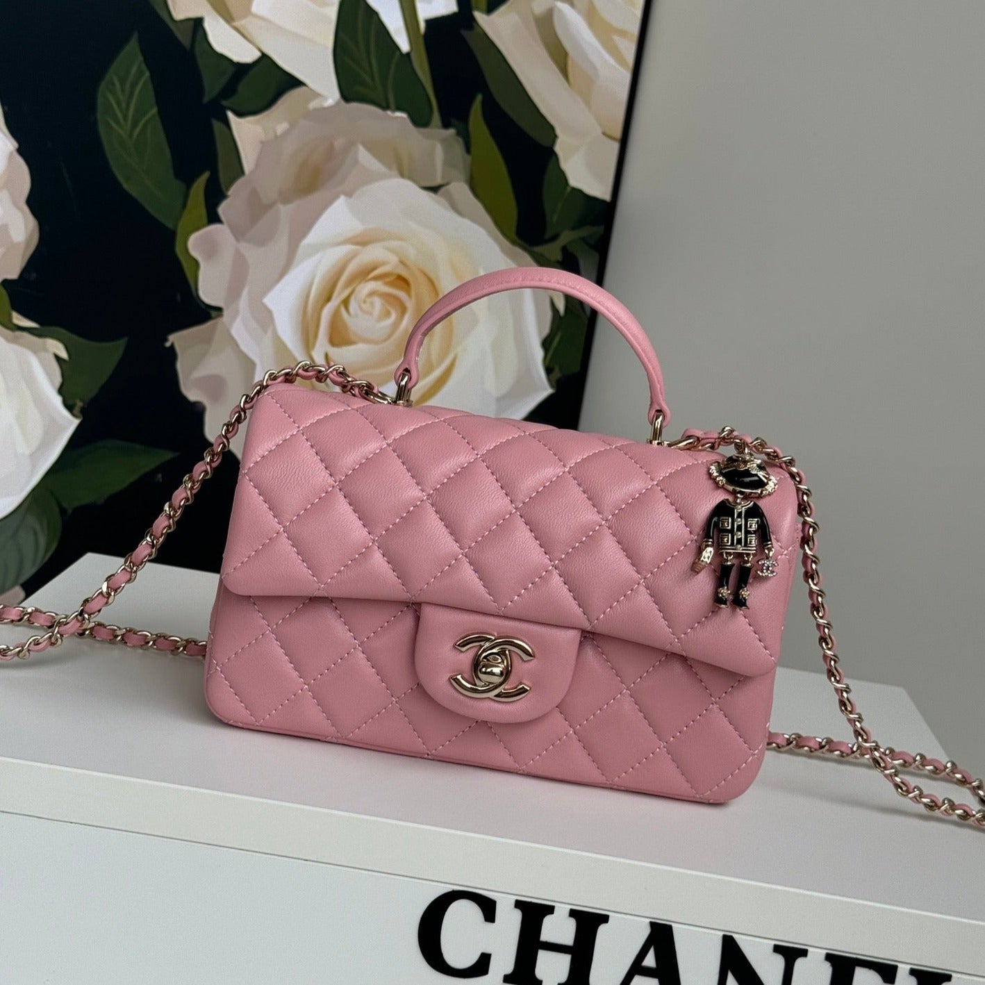 24C MINI FLAP BAG 20CM WITH TOP HANDLE PINK CALFSKIN SILVER HARDWARE
