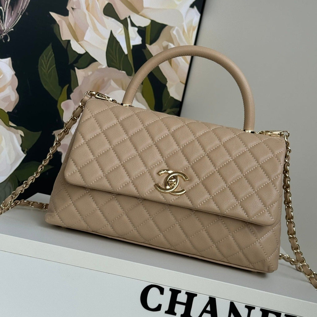 POIGNÉE COCO MOYENNE 29 CM CUIR CAVIAR MATELASSÉ BEIGE QUINCAILLERIE DORÉ