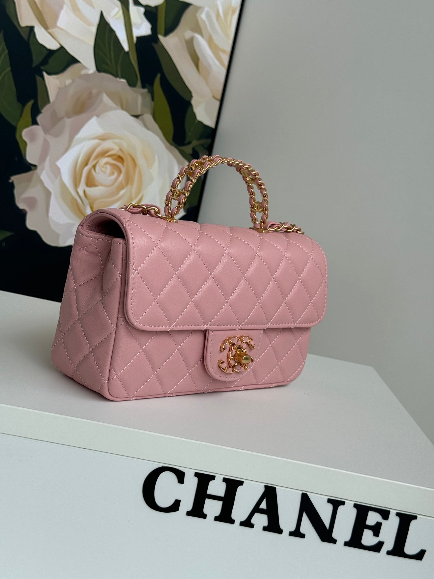 24C MINI FLAP BAG 20CM WITH TOP HANDLE PINK LAMBSKIN