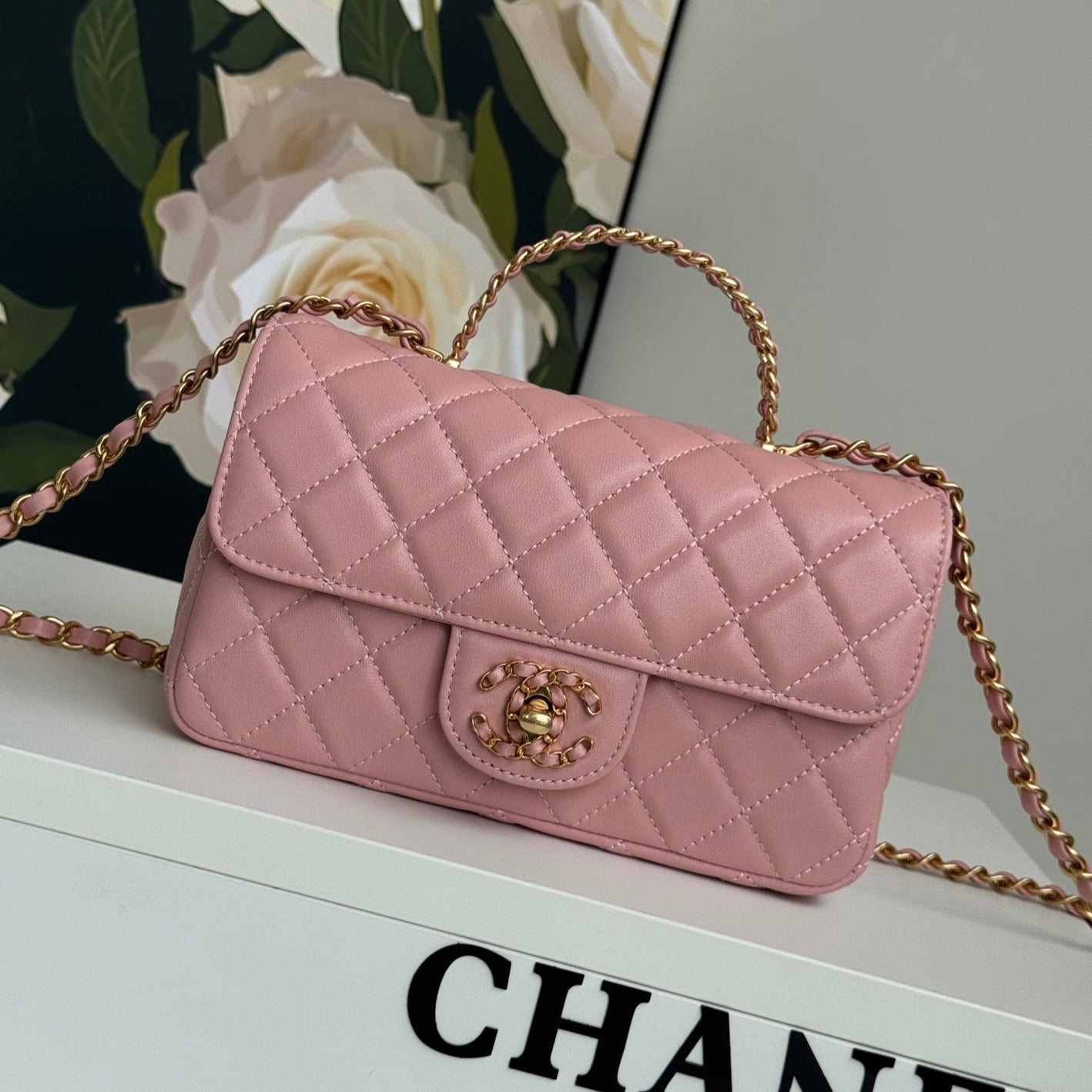 24C MINI FLAP BAG 20CM WITH TOP HANDLE PINK LAMBSKIN