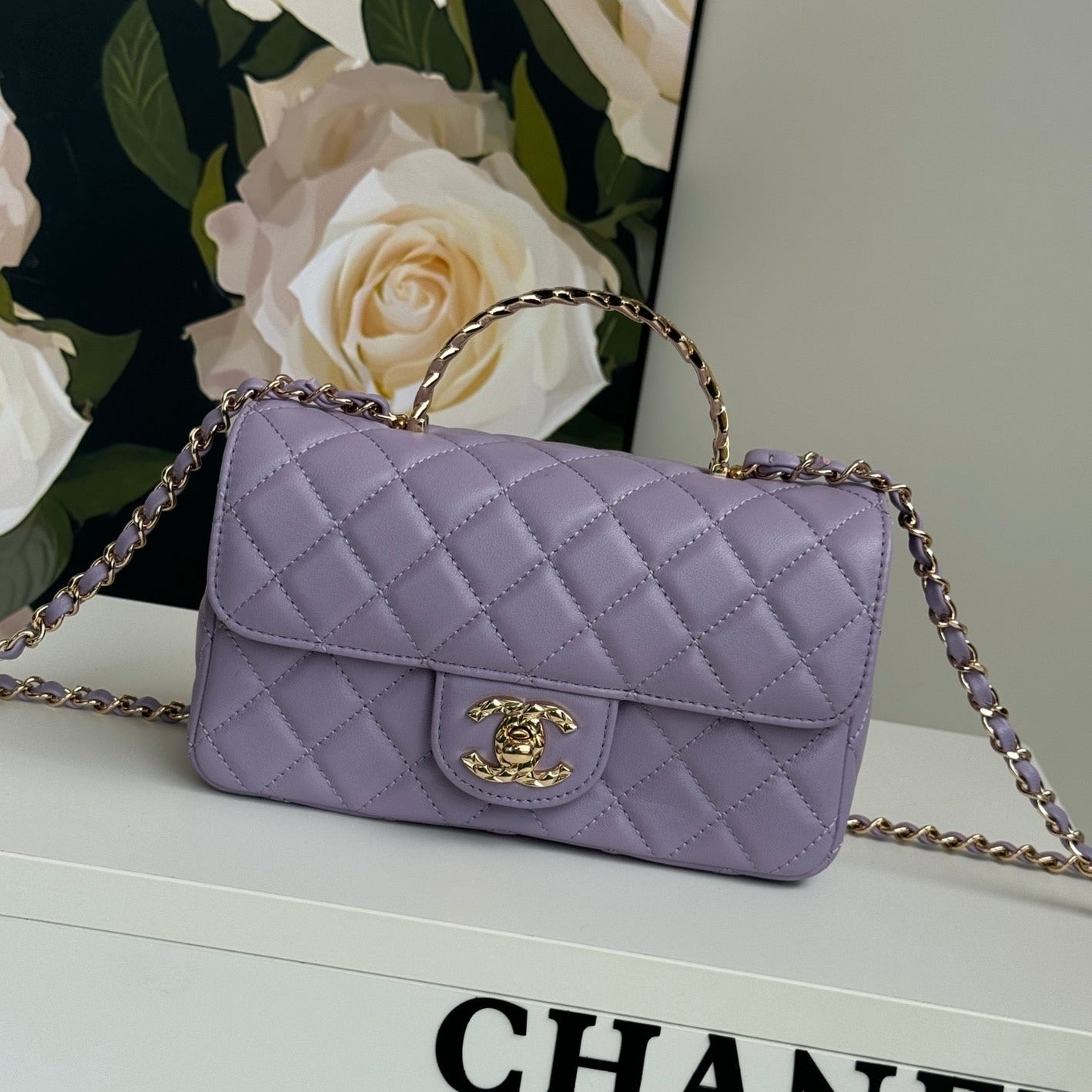 24C MINI FLAP BAG 20CM WITH TOP HANDLE VIOLET LAMBSKIN